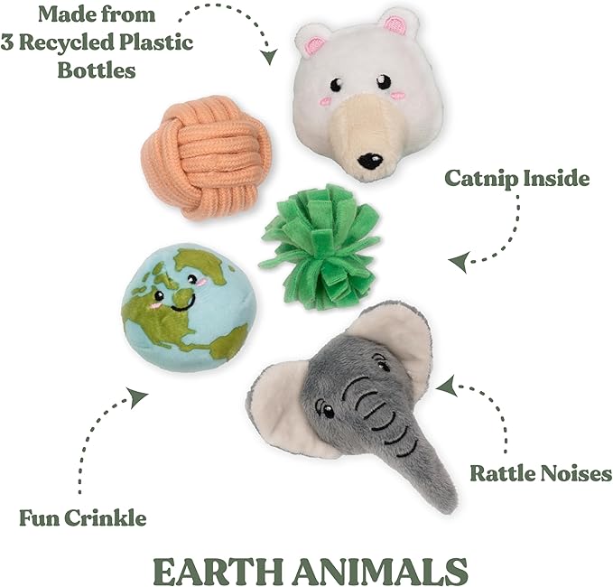 Cat Toys | Plush Toy Earth Animals (Value 5-Pack) Cat Toys for Indoor Cats | Eco Friendly Toy Made from Non Toxic Materials