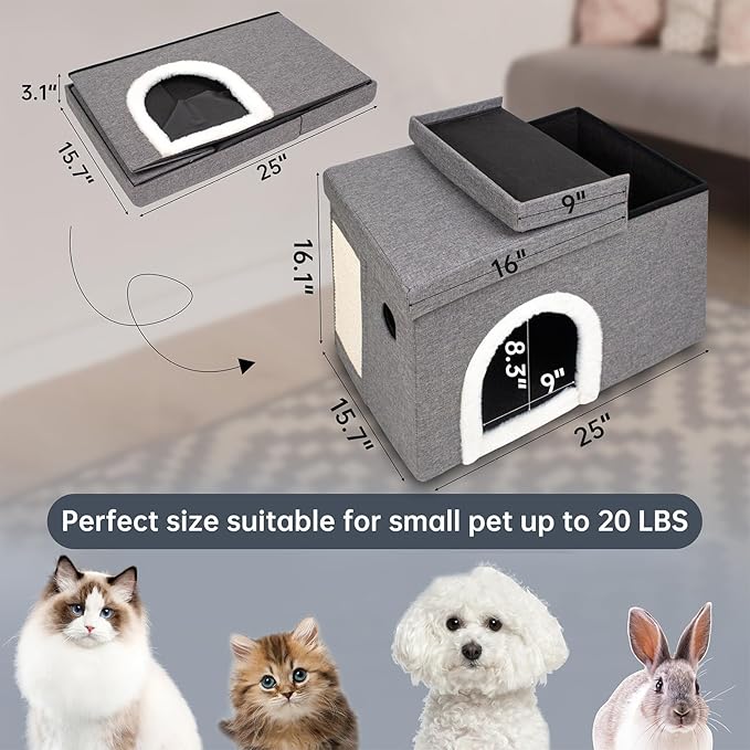 CAROLMADE Cat Beds for Indoor Cats, Collapsible Cat House with Storage Space & Scratch Pad Cat Cave for Small Pet Under 20 Lbs