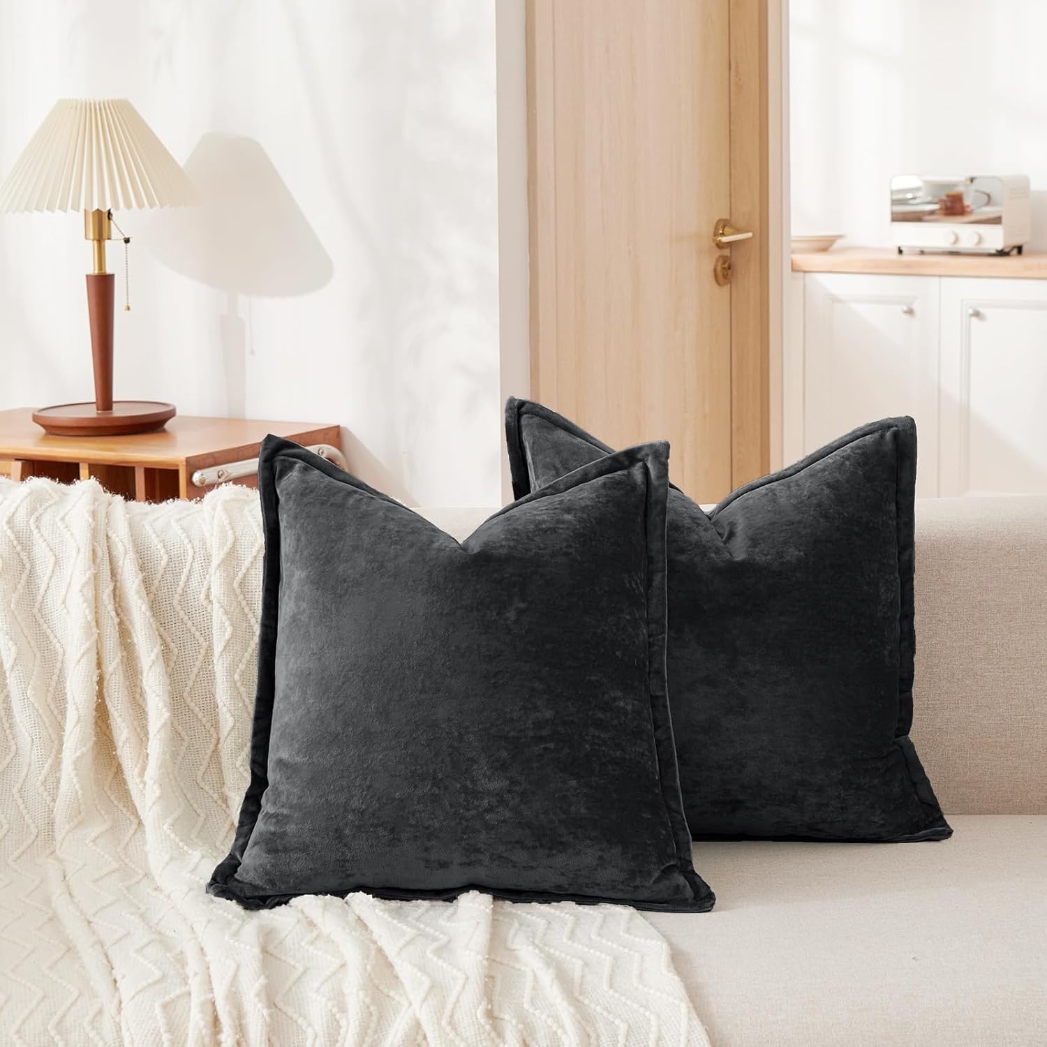 Luxurious Velvet Euro Shams Decorative Throw Pillow Covers 26x26 Set of 2 Solid Square Euro Pillow Shams for Sofa Couch Bedroom, Black