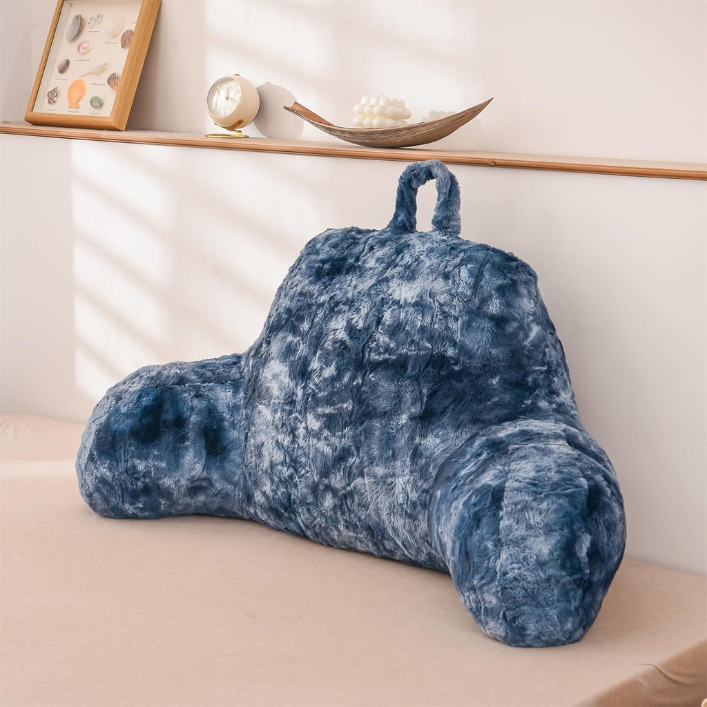 A Nice Night Faux Fur Soft Reading Pillow Bed Wedge Adult Backrest with Arms Back Support for Sitting Up in Bed/Couch for Bedrest,Tie Dyed Navy,Large