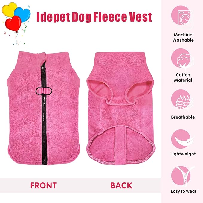 Idepet Dog Fleece Vest Sweater Zip Up Warm Pullover Dogs Jacket with D-Ring Leash Winter Cold Weater Coat Pet Sweatershirt Clothes Hoodie for Small Medium Dogs Boy Girl (Rose Red, XXL)