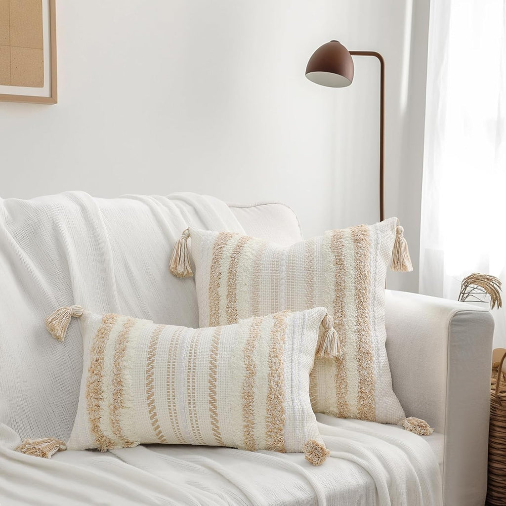 decorUhome Decorative Boho Throw Pillow Covers 20x20 Set of 2, Accent Neutral Textured Tufted Pillow Covers Striped for Couch Bed Sofa Living Room, Khaki and Cream White