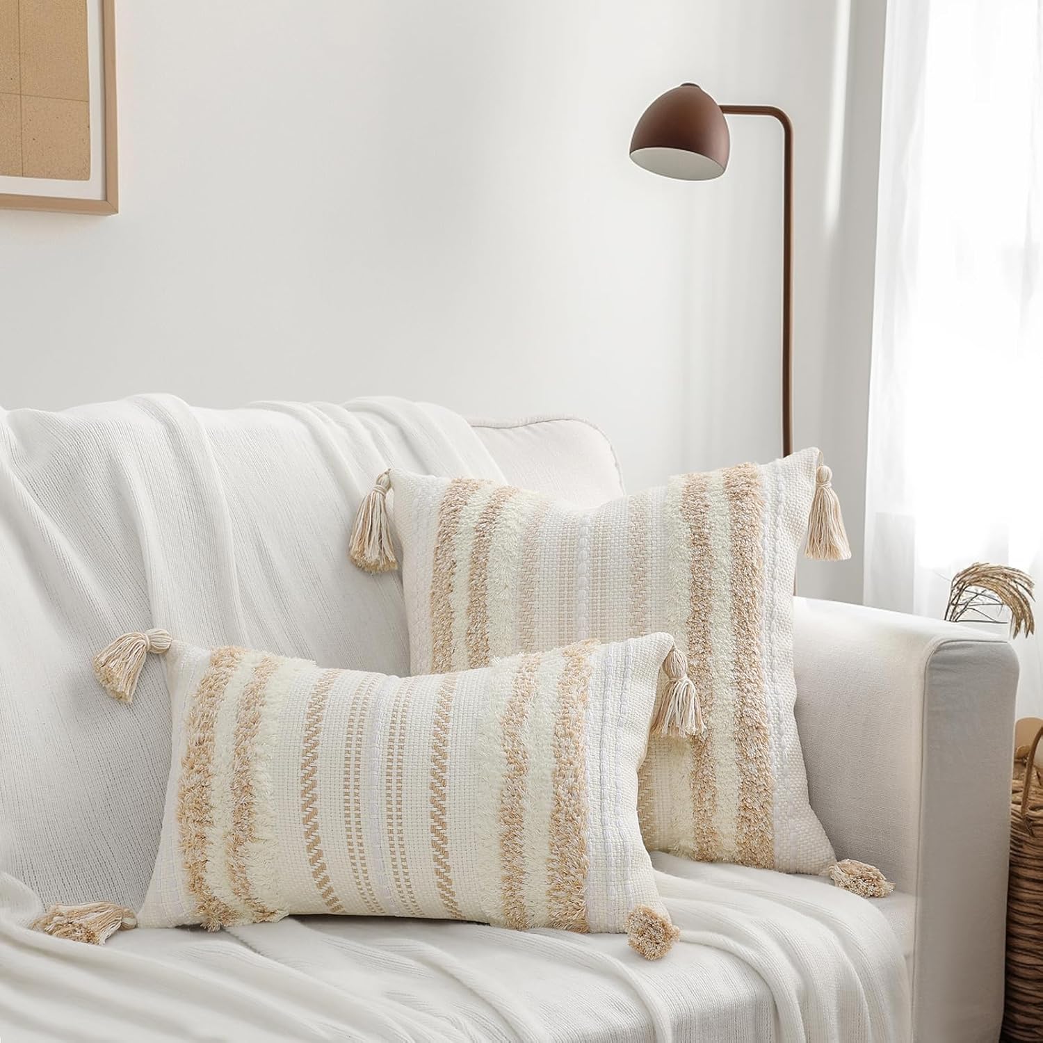 decorUhome Decorative Boho Throw Pillow Cover 12x20, Lumbar Accent Neutral Textured Tufted Pillow Cover Striped for Couch Bed Sofa, Khaki and Cream White, Pack of 1