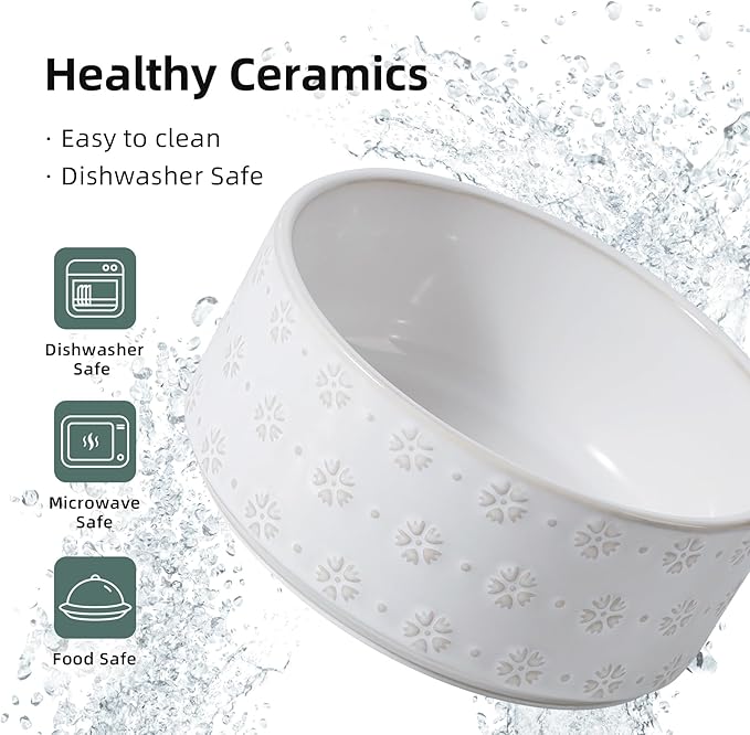 7.3inch Ceramic Raised Dog Bowl Set, Elevated with Acacia Wood Stand, Food and Water Bowl for Medium Breed Dogs, Weighted Dog Dishes, Pet Bowl(41OZ, Arctic White)