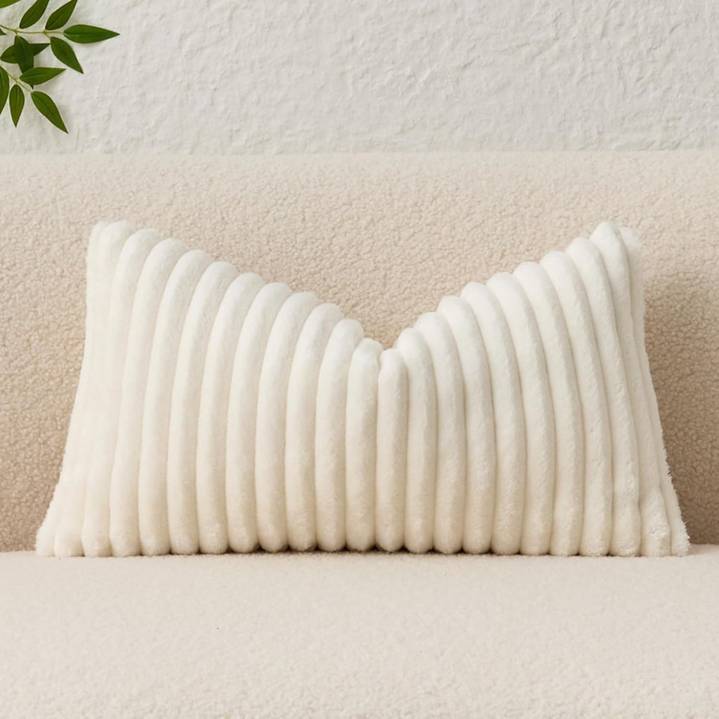 Kevin Textile Soft Plush 12x24 Inch Lumbar Pillow Cover 1 Pack, Luxury Fluffy Faux Fur Striped Flannel Rectangle Cushion Case for Couch Sofa Chair Bed Home Decor, Cream White