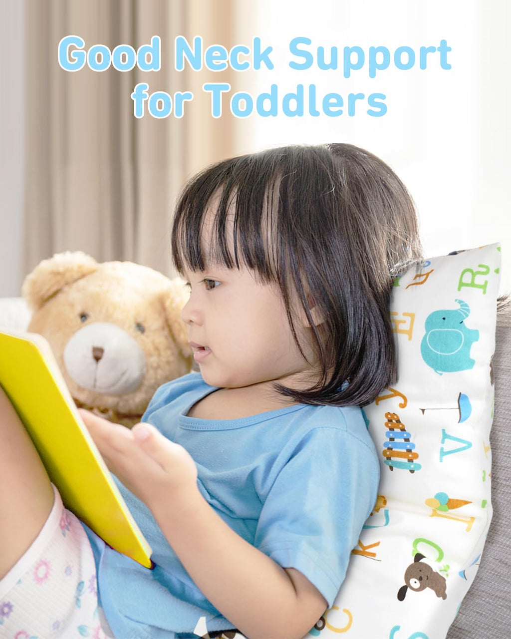 Babebay Toddler Pillow,13 x 18 Kid Pillows for Sleeping, Machine Washable Kids Pillow with Soft Cotton Pillowcase, Perfect for Travel, Toddlers Cot (Animal Letters)