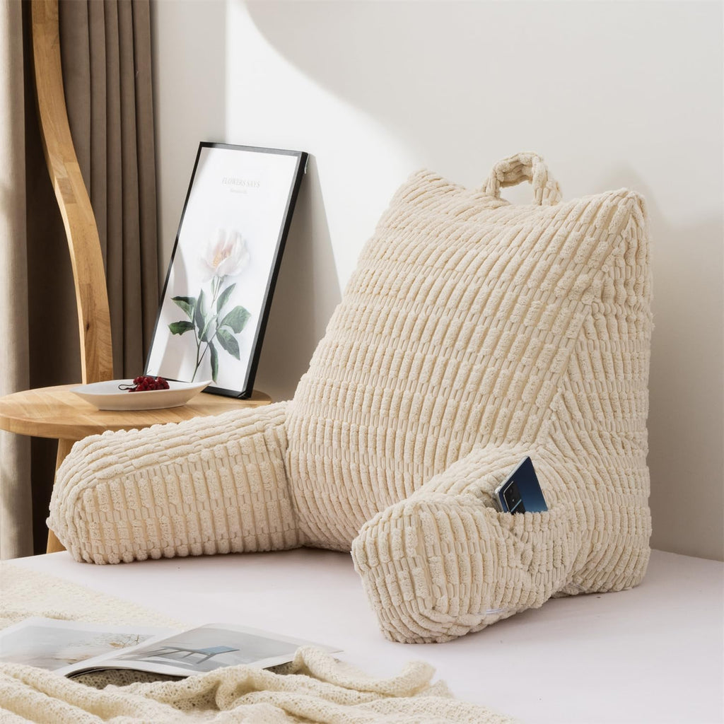 Holawakaka Adults Reading Pillow with Arms,Backrest Reading & Rest Pillows for Sitting Up in Bed, Bed Rest,Lounging, Working on Laptop,Arms Back Support Cushion for Men Women Teens,Cream