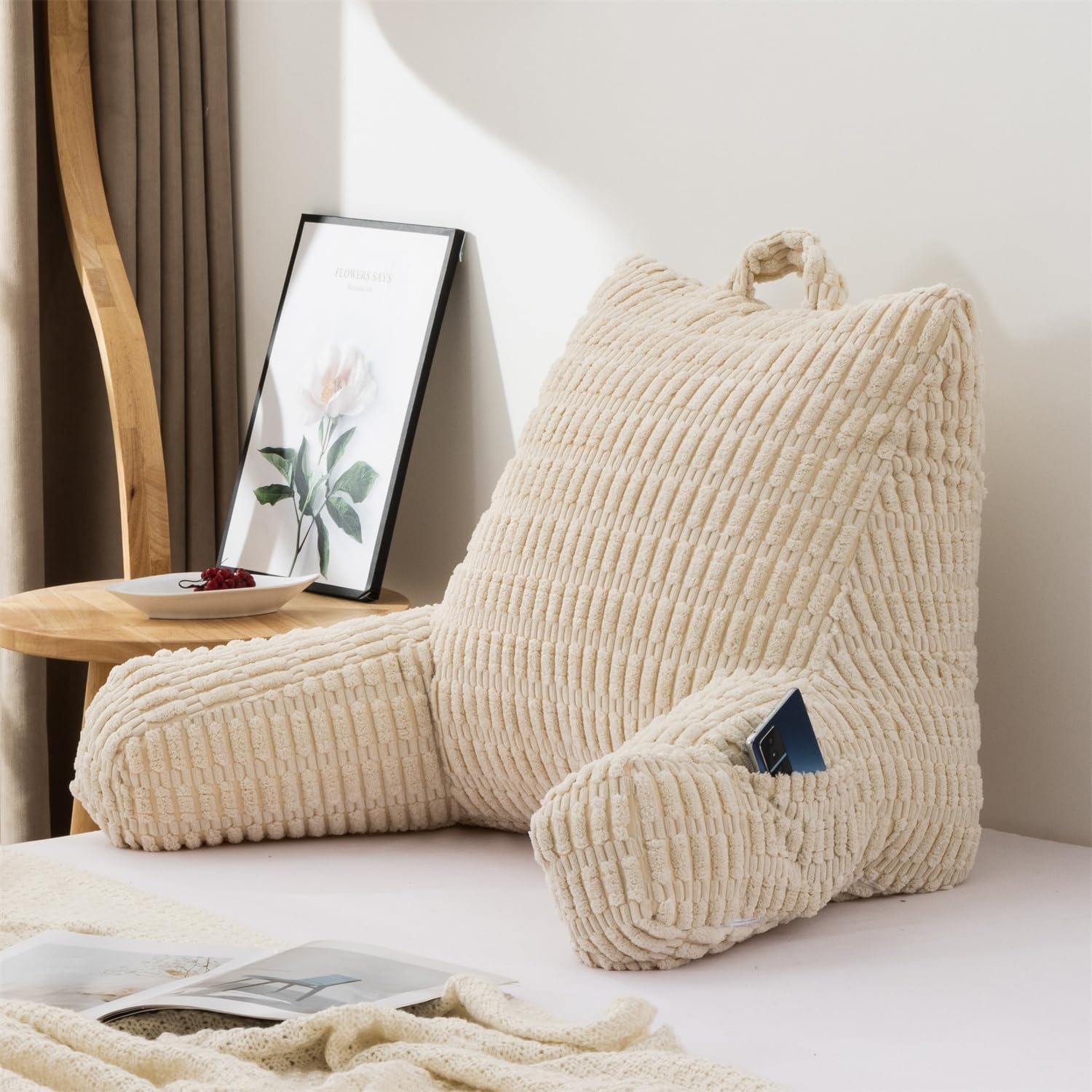 Holawakaka Adults Reading Pillow with Arms,Backrest Reading & Rest Pillows for Sitting Up in Bed, Bed Rest,Lounging, Working on Laptop,Arms Back Support Cushion for Men Women Teens,Cream