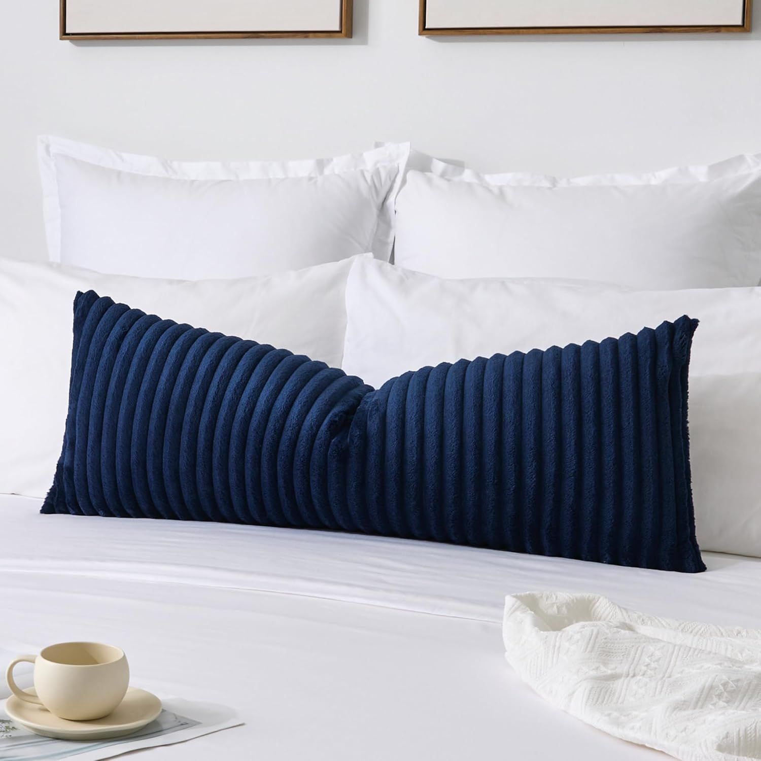 Kevin Textile Soft Plush 14x36 Inch Long Lumbar Pillow Cover 1 Pack, Luxury Fluffy Faux Fur Striped Flannel Rectangle Body Cushion Case for Couch Sofa Chair Bed Home Decor, Navy Blue