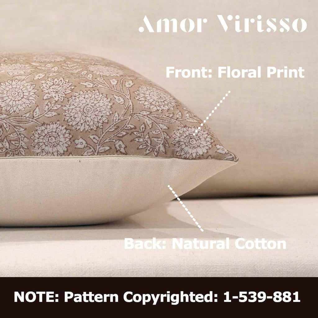 Amor Virisso Floral Pillow Covers 20x20 Throw Pillow Covers Vintage Block Print Pillow Cover Neutral Couch Pillows for Living Room Farmhouse Decorative Accent Sofa Pillows, Light Camel