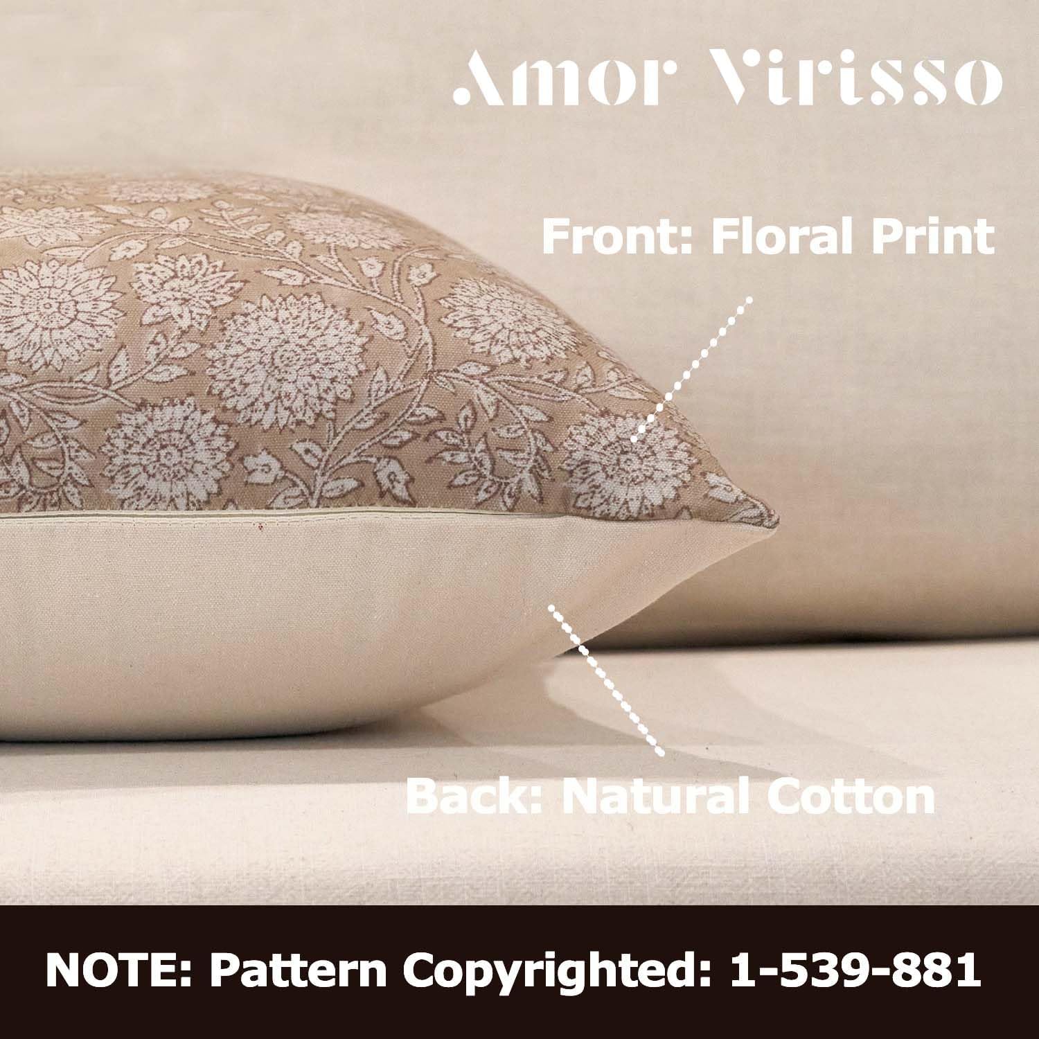Amor Virisso Floral Pillow Covers 20x20 Throw Pillow Covers Vintage Block Print Pillow Cover Neutral Couch Pillows for Living Room Farmhouse Decorative Accent Sofa Pillows, Light Camel