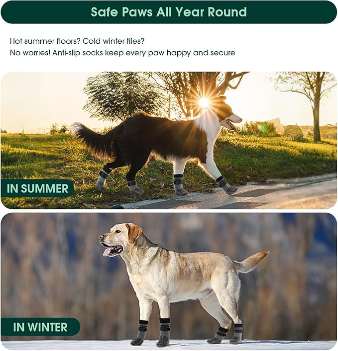 Kuoser Non Slip Dog Socks for Hardwood Floors,4Pack Anti-Slip Dog Grippy Socks to Prevent Licking Paws,Dogs Booties Paw Protectors with Double-Sided Traction for Small Medium Large Senior Dogs,Gray XL