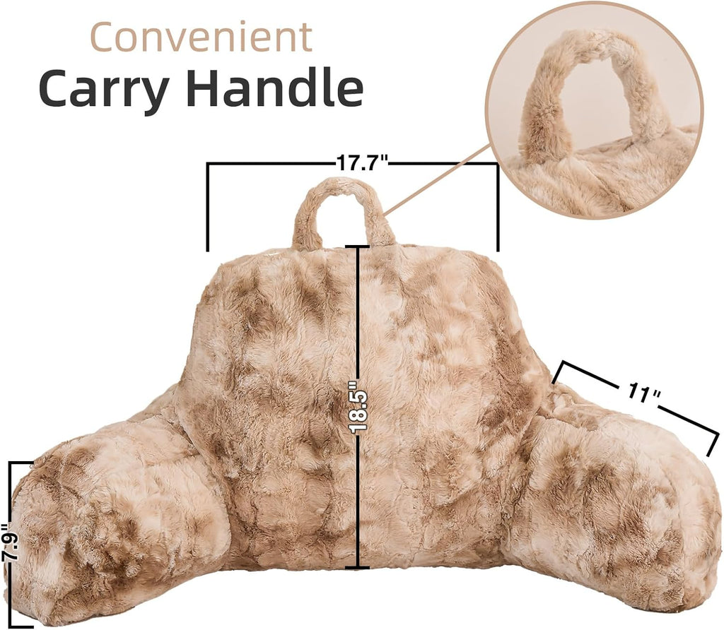 A Nice Night Faux Fur Soft Reading Pillow Bed Wedge Adult Backrest with Arms Back Support for Sitting Up in Bed/Couch for Bedrest, Tie Dyed Khaki