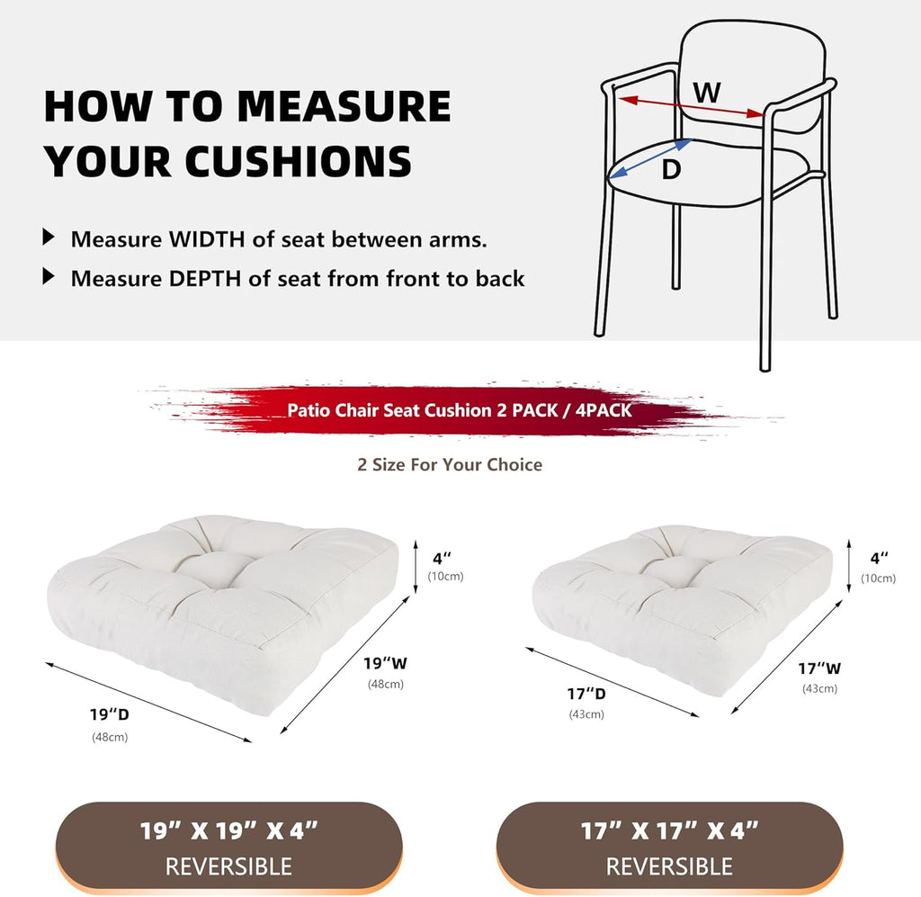RACE LEAF Patio Chair Cushions 19x19 Inch 4 Pack, Memory Foam Outdoor Seat Cushions Water Resistant with Non-Slip Backing & Tufted Design (Beige)
