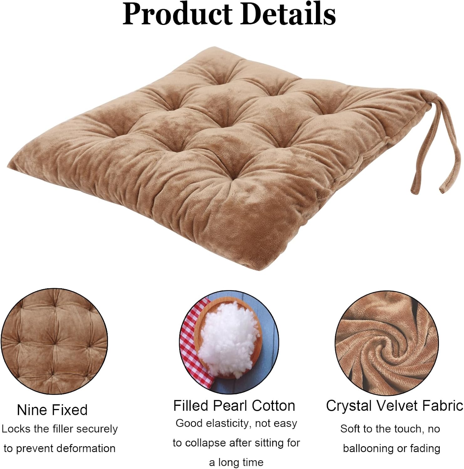 6 Pack Square Seat Cushion Chair Pads for Kitchen Dining Chairs, Soft Comfort Velvet Chair Mat Pillow Cushions with Ties for Office Desk Living Room Tatami 15.5", Khaki