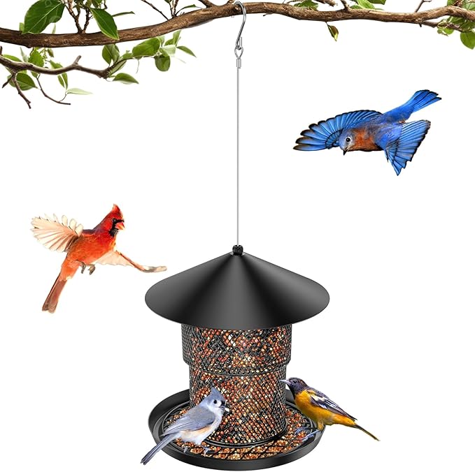 Bird Feeder for Outdoor Hanging, Mess Free Birdfeeder for Outdoor with Catch Tray, Heavy Duty Metal for Outside Hanging to Attracting Birds