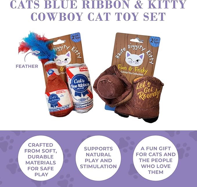 Cats Blue Ribbon + Kitty Cowboy Set, Plush Cat Toys Catnip Filled with Interactive Crackle Sound, Safe & Durable Toys for Cat & Kitten, 4 Pcs