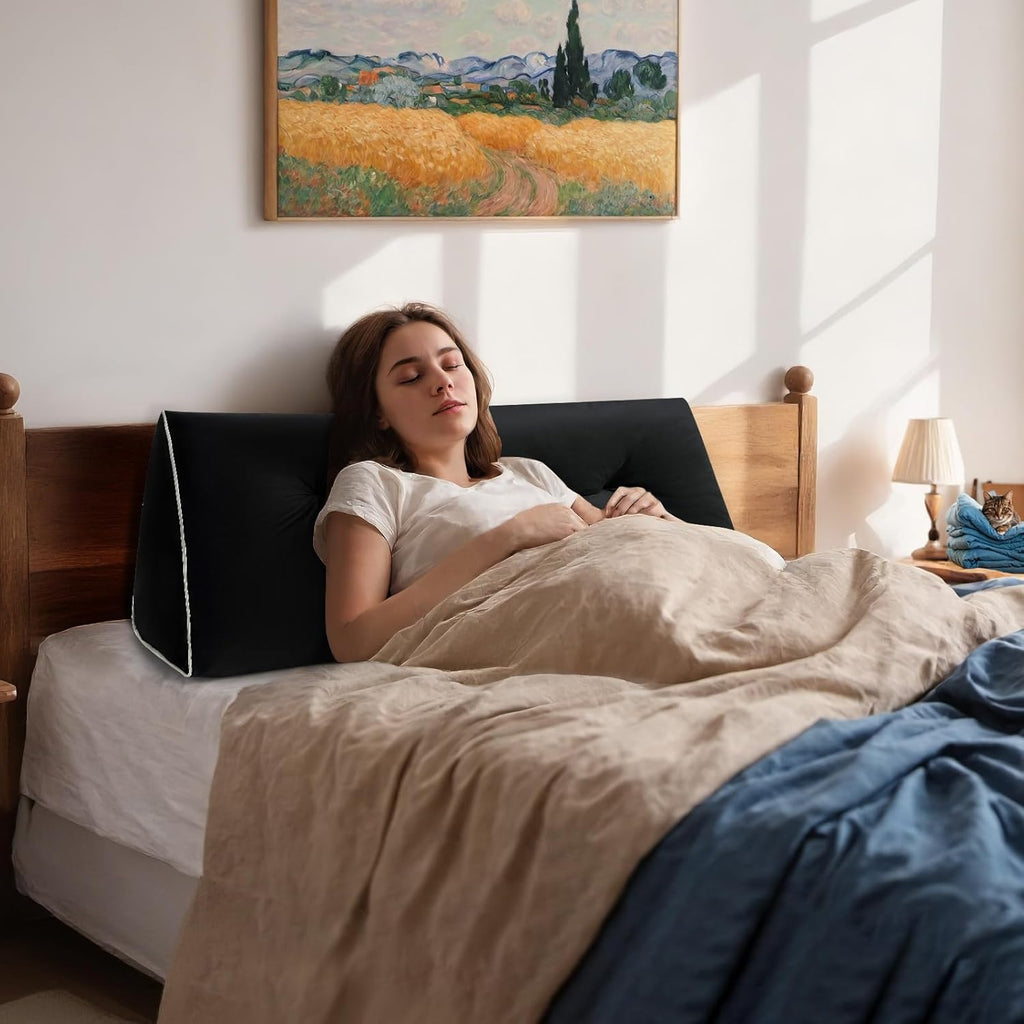 Headboard Wedge Pillows Full, Ergonomic Bed Triangular Headboard Pillow, Thickened Backrest Cushion for Reading in Dorm Bed Sofa, Black, 54in