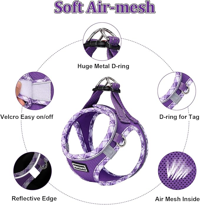 Mercano Soft Mesh Dog Harness and Leash Set, No-Chock Step-in Reflective Breathable Lightweight Easy Walk Vest Harnesses with Safety Buckle for Small Dogs, Cats (XS, Purple)