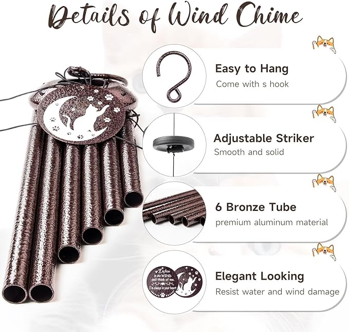 Cat Memorial Gifts for Loss of Cat, 25 inch Cat Memorial Wind Chimes, Loss of Cat Sympathy Gift, Cat Remembrance Gift, Bereavement Gifts Cats, in Memory of Cat Wind Chimes for Outside Garden