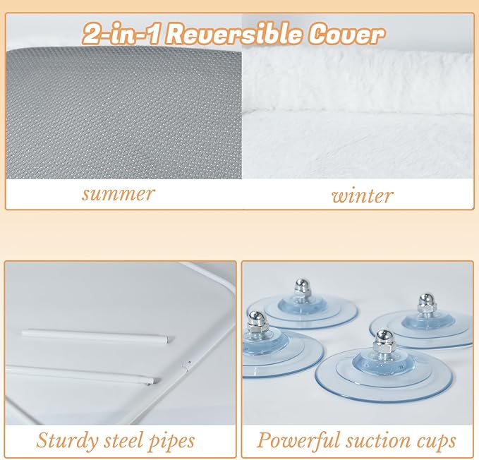 Extra Large Cat Window Perch (23.8×11.8in) - Washable 2-Season Fabric Cover, 4 Strong Suction Cups, Solid Metal Frame - Foldable Cat Hammock for Large Cats/2 Cats, Cordless Design (White)