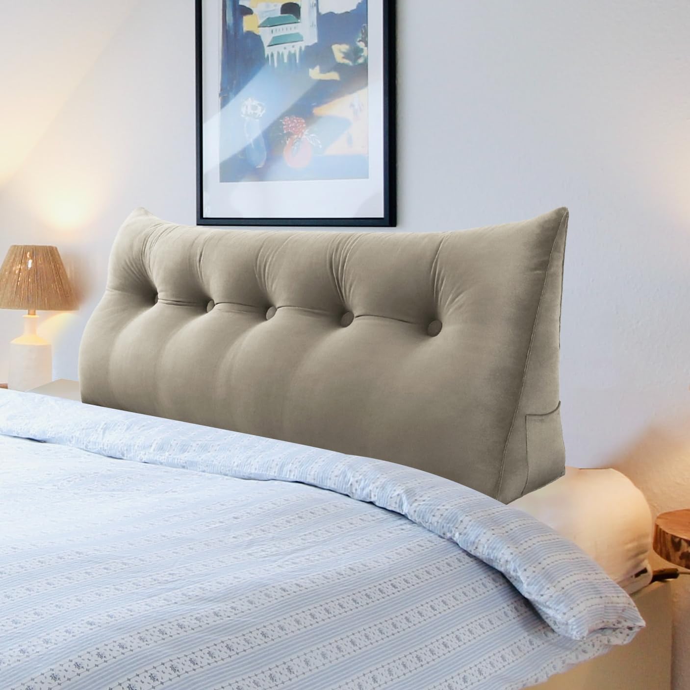 Wedge Headboard Pillow Dorm Room Reading Pillow Back Support for Sitting Up in Bed Bolster Lumbar Cushion Body Positioning Bedrest Velvet 59in Light Tan Queen