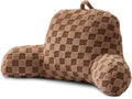 A Nice Night Faux Fur Reading Pillow,Checkered Fluffy Grid Plaid,Bed Wedge Pillow Large Adult Children Backrest with Arms for Bedrest,Brown