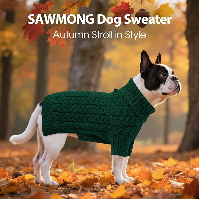 SAWMONG Dog Sweater, Dog Sweaters for Small Dogs Girls Boys, Pullover Turtleneck Knitted Doggy Sweatshirt, Cold Weather Pet Clothes（Green, Small