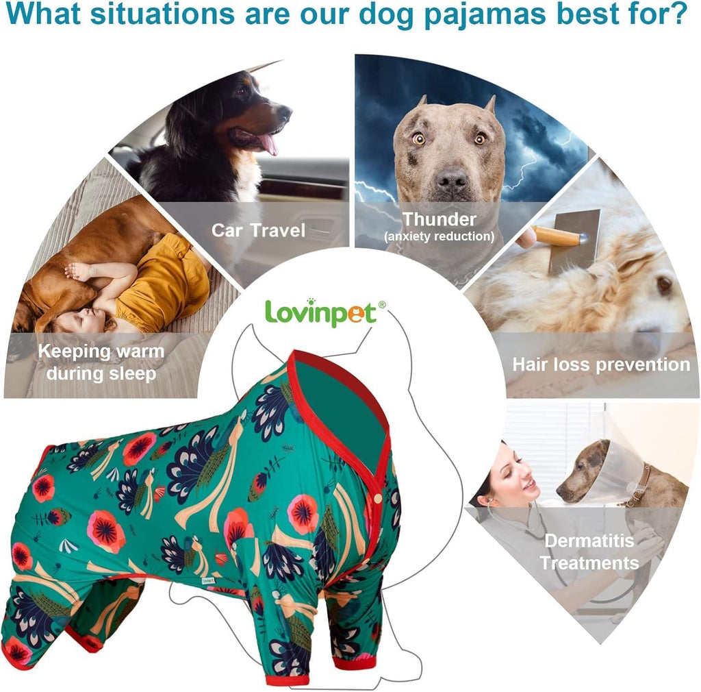 LovinPet Great Dane Clothes for Dogs - Pet Anxiety Relief Shirt, UV Protection Dog Clothes, Comfy Lightweight Fabric, Turquoise Peacock Prints, Large Dog Pjs, Pitbull Clothes, Green 3XL