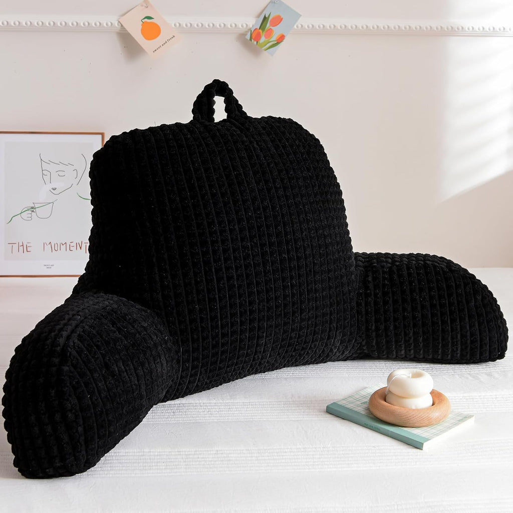 A Nice Night Reading Pillow Bed Wedge Large Adult Children Backrest with Arms Back Support for Sitting Up in Bed/Couch for Lounging Bedrest,Waffle Stereoscopic Design,Black