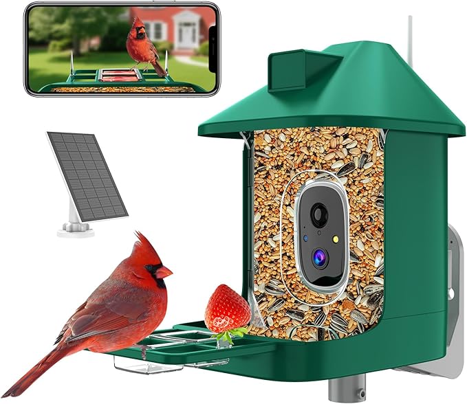 Bird Feeder with Camera,2K Live View,WiFi Smart Bird House with Cam Solar Powered for Outdoor,Night Vision,AI Identify,Auto Record Video,Real-Time App Alerts,Birdwatching Gifts for Family,Birds Lover