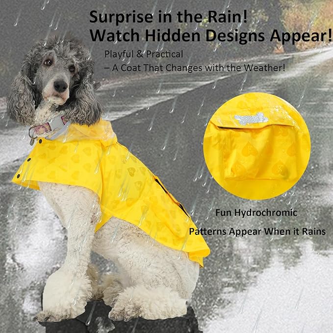 Waterproof Dog Raincoat, Adjustable Reflective Lightweight Pet Rain Clothes with Poncho Hood (Yellow(Water-Activated Color Change), Medium)