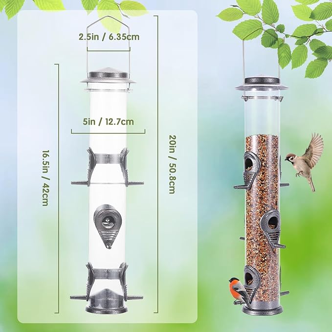 MIXXIDEA Metal Wild Bird Feeder, Squirrel Proof, Hanging 6 Port Tube Transparent Finch Feeder for Attracting Birds in Lawn, Garden, Balcony - Gray