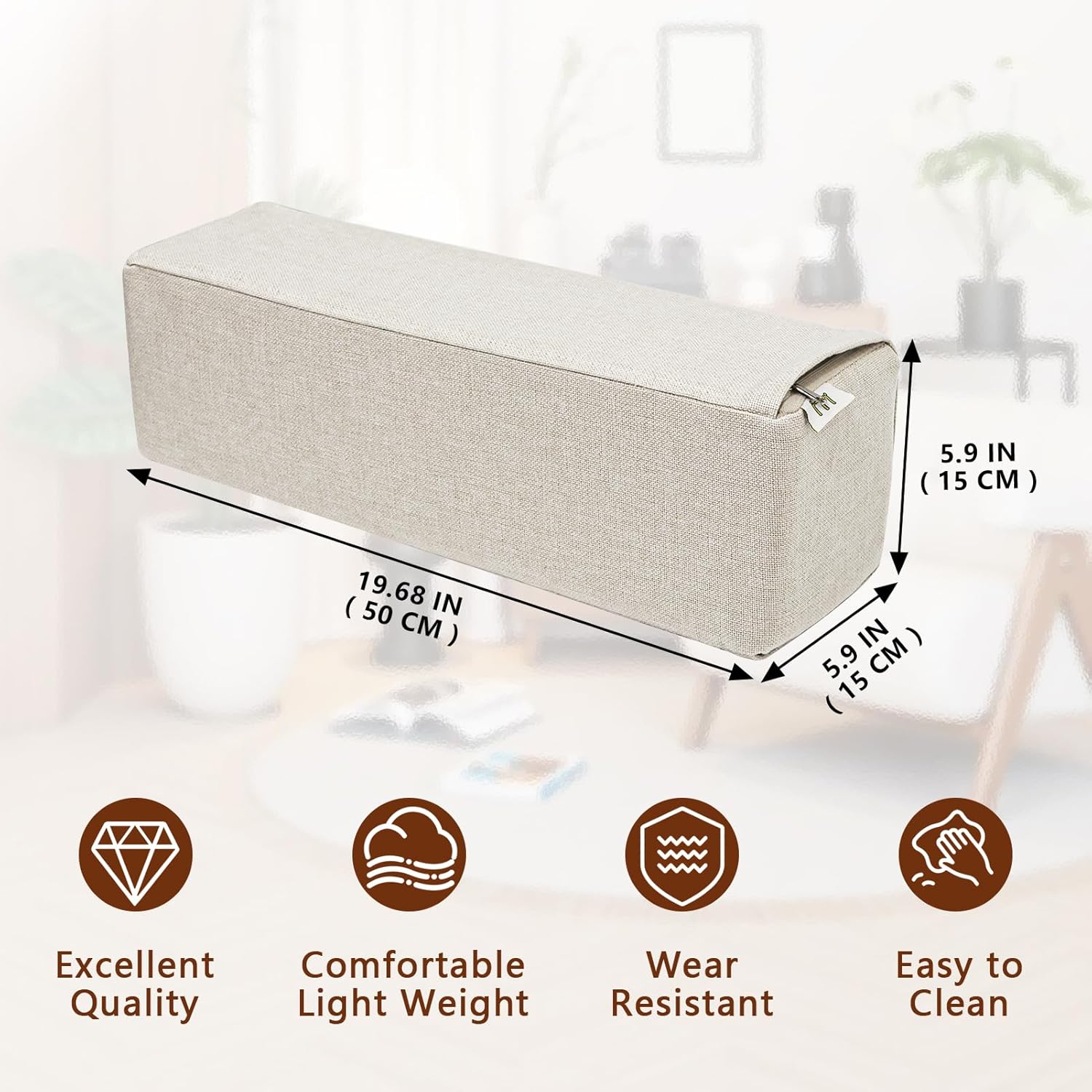 2 Pack Couch Arm Rest Pillow, 6''x6''x20'' Linen Cover, High Density Foam Armrest Cushion, Removable & Washable Elbow Support for Sofa, Bed, and Armchair (Beige)