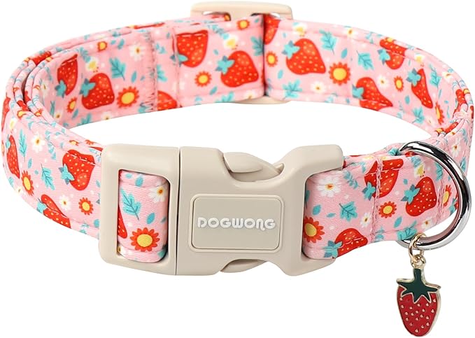 DOGWONG Cute Dog Collar- Strawberry Dog Collars Adjustable Designer Strawberry Flower Puppy Dog Collar for Small Medium Large Dogs XS