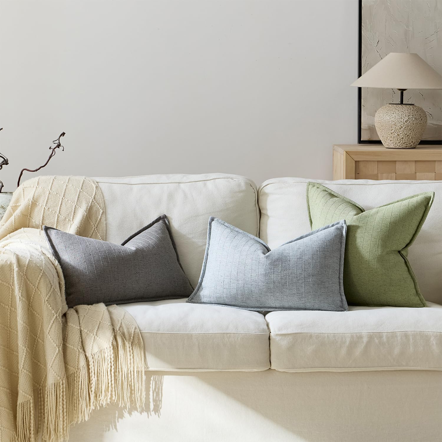 26x26 Linen Euro Sham Pillow Covers Sage Green Pack of 2 Farmhouse Boho Neutral Accents Striped Textured Square Decorative Throw Pillow Cases for Living Room Couch Bed Home Decor