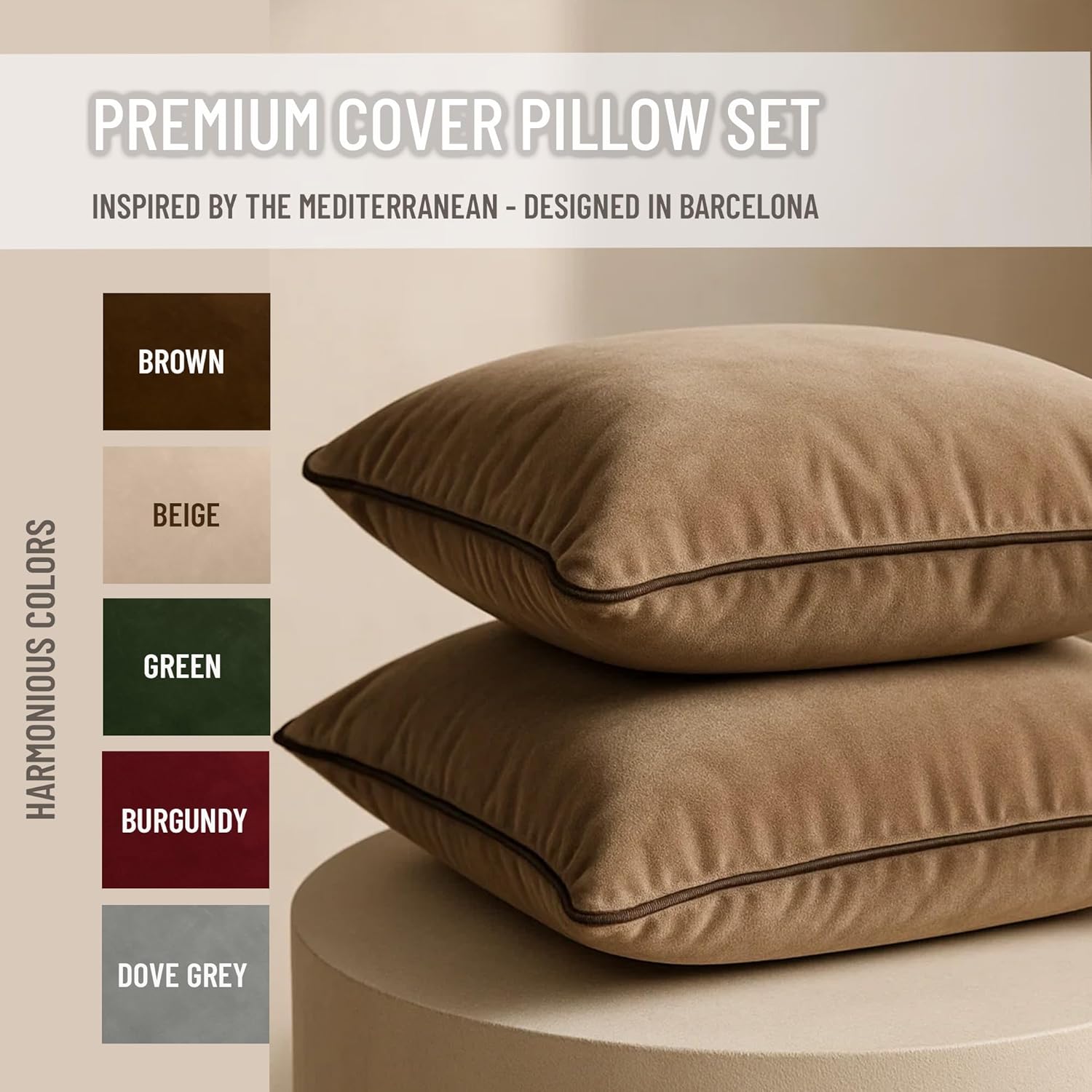 2 Pack Velvet Decorative Throw Pillow Covers, 12"x20", Beige and Brown, Solid, Modern, Contrast Piping, Indoor Use, Bedroom & Living Room