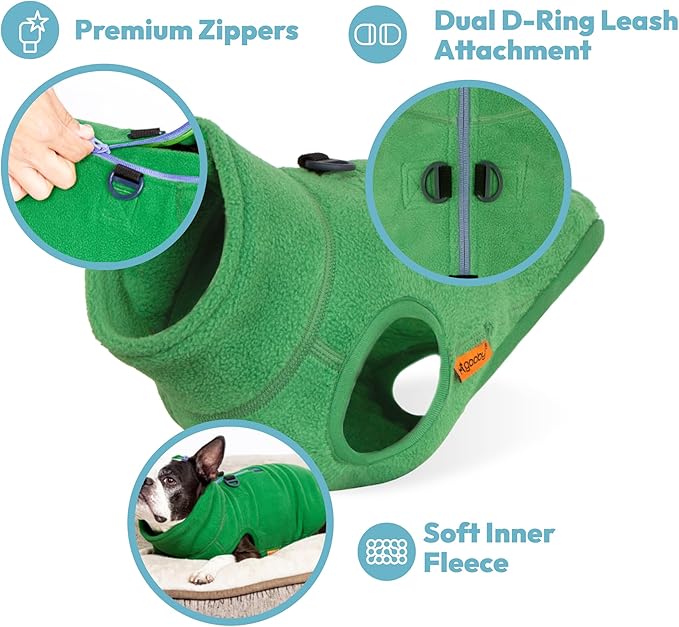 Gooby Half Zip Up Fleece Vest Dog Sweater - Turquoise, Small - Soft Warm Pullover Fleece Head-in Dog Jacket with Dual D Ring Leash for Small to Medium Dogs