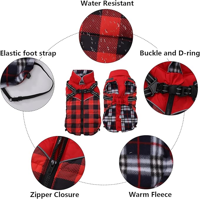 Dog Coat with Harness,Small Dog Winter Coat,Doggie Jackets with Built in Harness,Adjustable Warm Jacket for Medium Large Dogs,Pet Puppy Cold Weather Coats for Dogs Waterproof (PlaidRed, XX-Large)