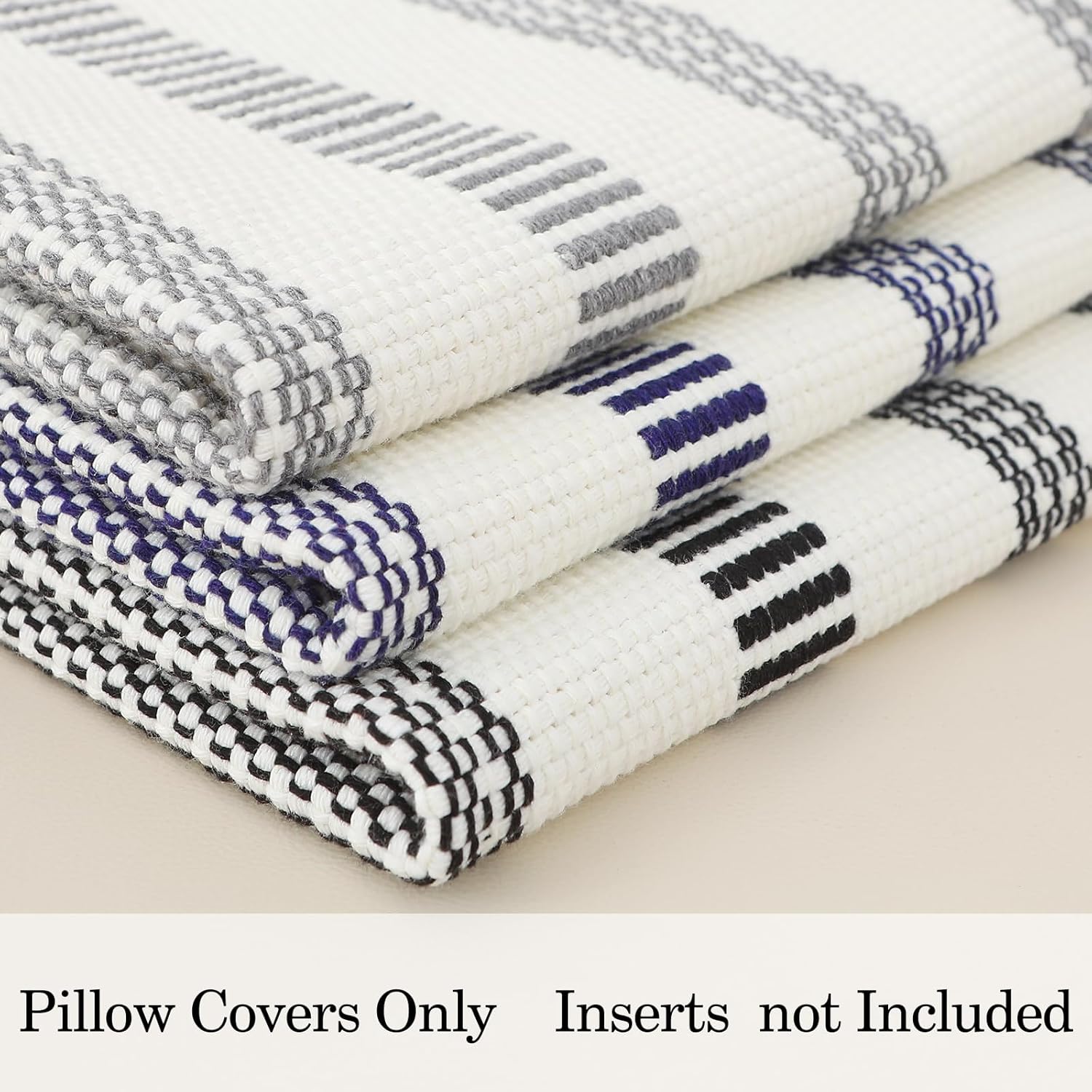 Smile Bee Boho Outdoor Couch Throw Pillow Covers Set of 2 Decorative Thick Woven Striped Accent Neutral Pillow Covers with Tassels for Bed Sofa Home Decor 18x18 Inch, Grey and Cream White