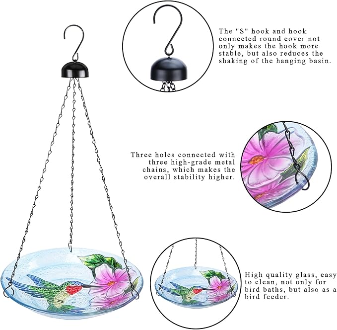 VCUTEKA Glass Hanging Bird Bath for Outdoors, BirdBaths with 21-Inch Rust-Proof Chain, Garden Yard Decor, Hummingbird Pattern