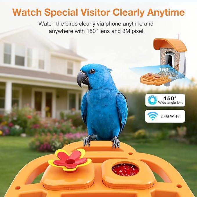 Smart Bird Feeder With 3MP HD Camera & AI Identify, Hummingbird Feeder With Solar Panel, Supports Two-Way Audio, Instant Arrival Alerts, Birdhouses For Outdoors, Gifts For Bird Lovers, Orange