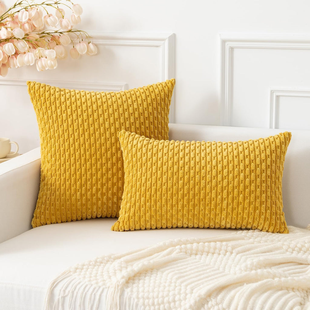 Kevin Textile 12x20 Inch Pillow Cover 1 Pack Boho Decorative Soft Striped Corduroy Lumbar Farmhouse Color Accent Rectangle Cushion Case for Living Room Couch Sofa Bed, Mustard Yellow