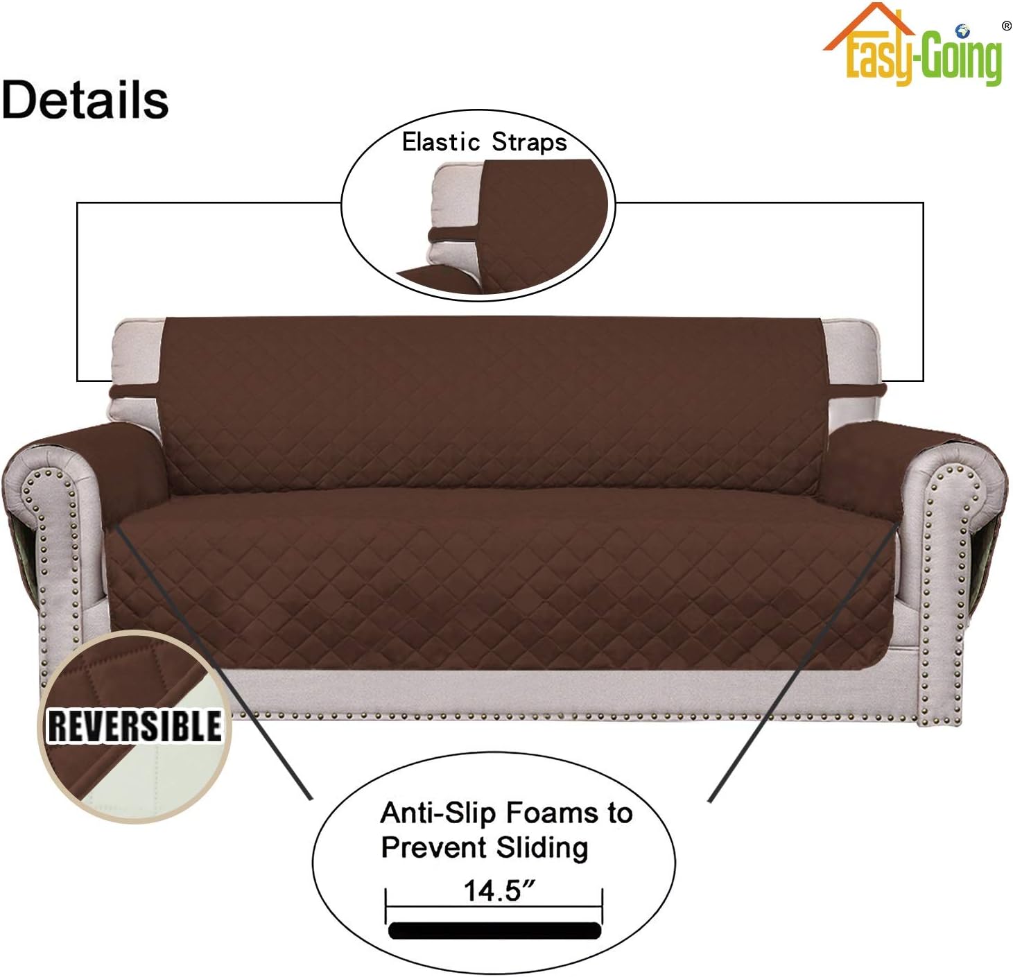 Easy-Going Reversible Loveseat Couch Cover for 2 Cushion Couch Sofa Cover for Dogs Water Resistant Furniture Protector with Foam Sticks Elastic Straps for Pet (Loveseat, Coffee/Ivory)