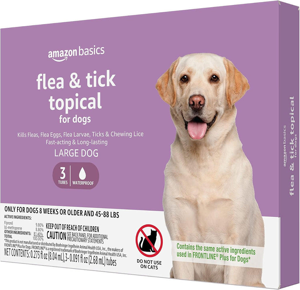Amazon Basics Flea and Tick Topical Treatment for Large Dogs (45-88 pounds), 3 Count (Previously Solimo)