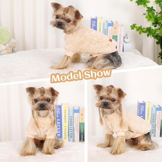 Dog Sweaters for Small Dogs Girl Male Dog, Sweater, Soft Fleece Pet Winter Clothes Boy Girl, Fuzzy Sweatshirts Flannel Jacket Puppy Coat,S,Khaki