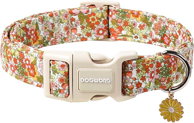 DOGWONG Flower Dog Collar, Orange Daisy Flower Dog Collar Adjustable Soft Fabric Girl Pet Dog Collars Cute Puppy Necklace for Small Medium Large Dogs