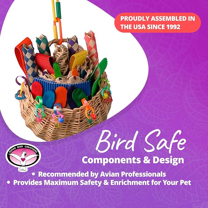Super Bird Creations SB669 Wicker Foraging Basket Bird Toy for Parrots Cockatiels Ringnecks Medium Conures Quakers,Caiques Pionus - Crunchy Multi-Colored Textures - Medium Bird Size, 10” x 4” x 5”