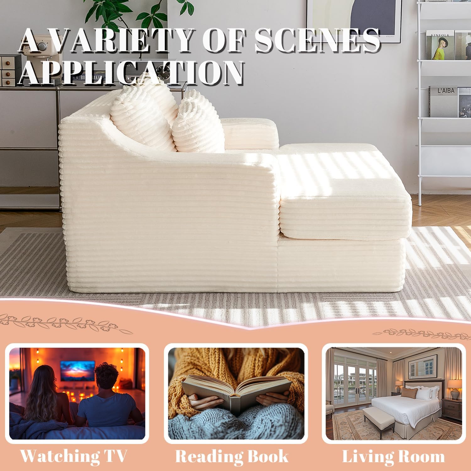 55 Inch Chaise Lounge Indoor - Oversized Chaise Lounge with 4 Throw Pillows and Armrets, Upholstered Plush Sofa Bed, Corduroy Lazy Chair Bed, Sleeper Chair for Living Room or Bedroom, Beige