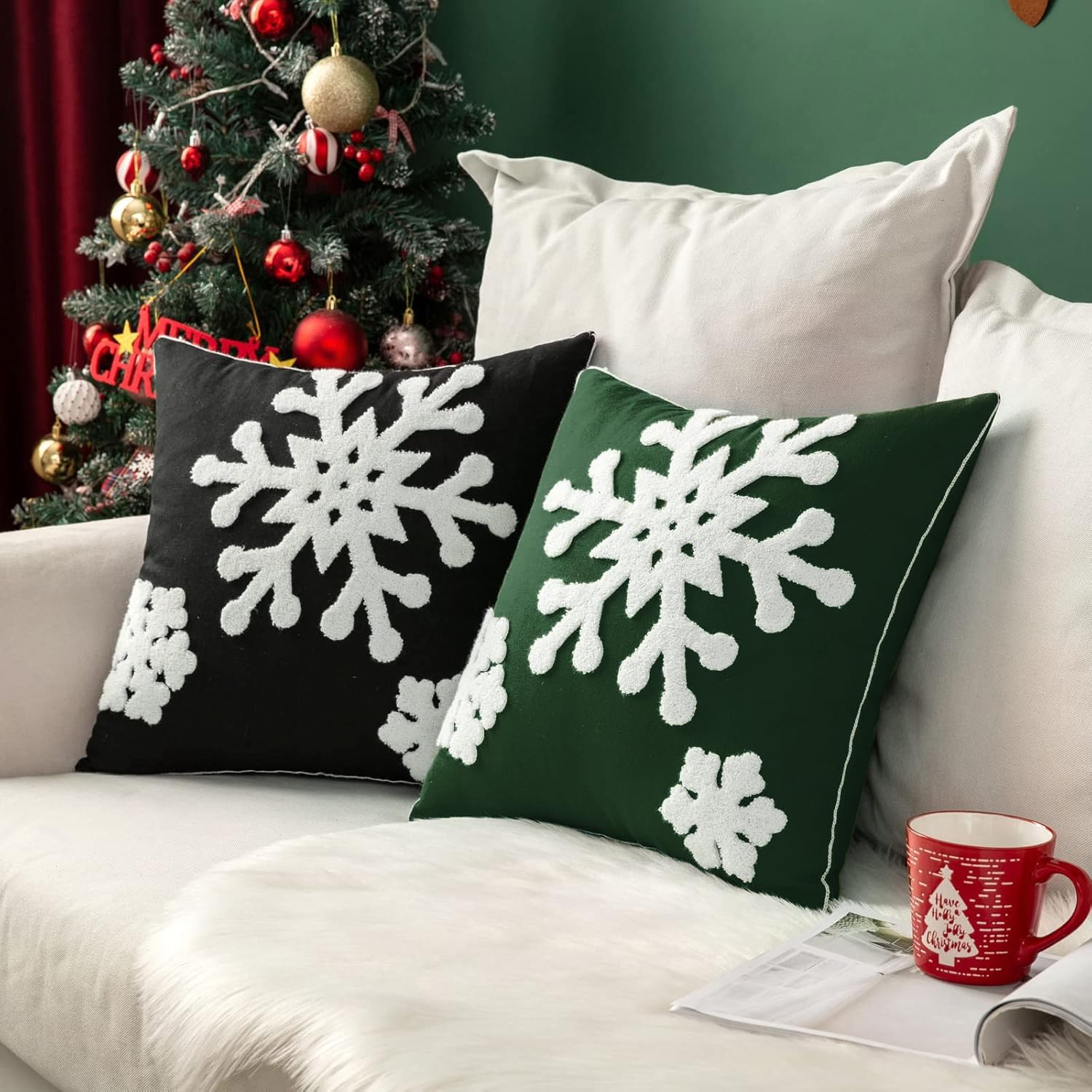 MIULEE Pack of 2 Christmas Decorative Snowflake Throw Pillow Covers Canvas Embroidery Winter Cushion Cases Holiday Decor Soft Pillowcases for Winter Couch Sofa Bedroom Car（Dark Green, 20x20in）